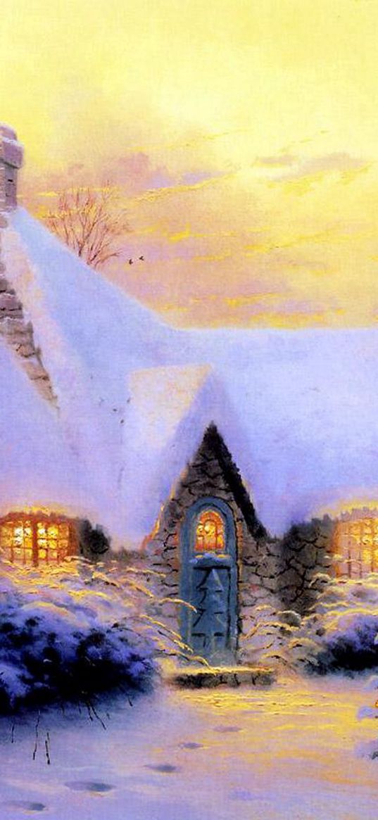 christmas, new year, house, fur-tree, snow, winter, light, stone