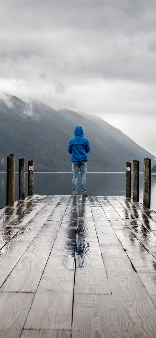 pier, man, mountains, alone, solitude