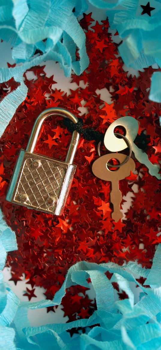 lock, keys, sequins, paper