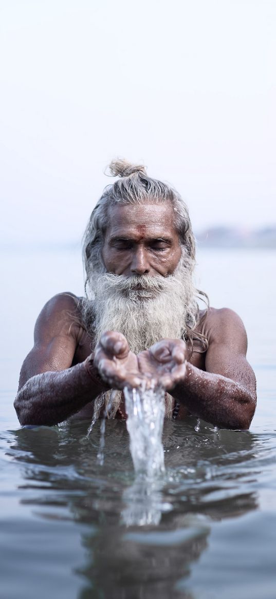 hinduism, man, sea, water, sacred