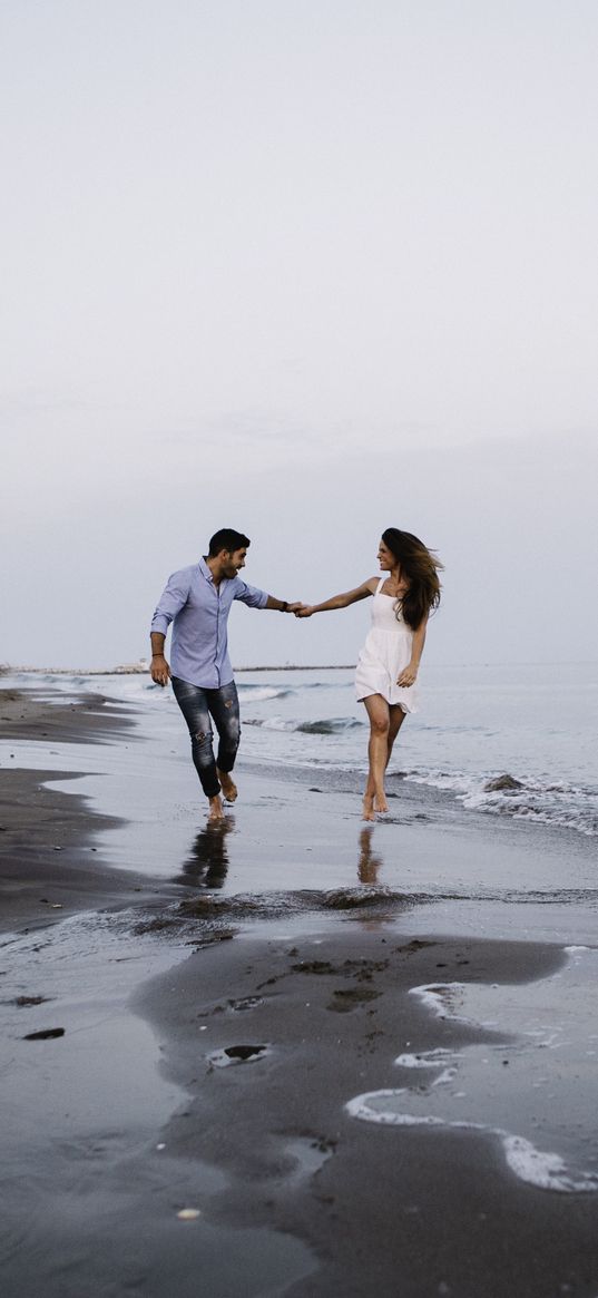 couple, love, walk, sea, happiness