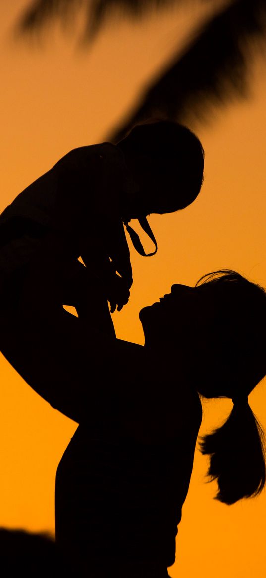 silhouettes, mother, child, sunset