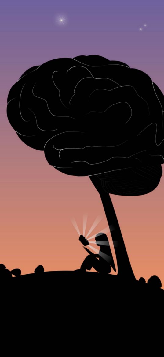 girl, silhouette, reading, brain, tree, art