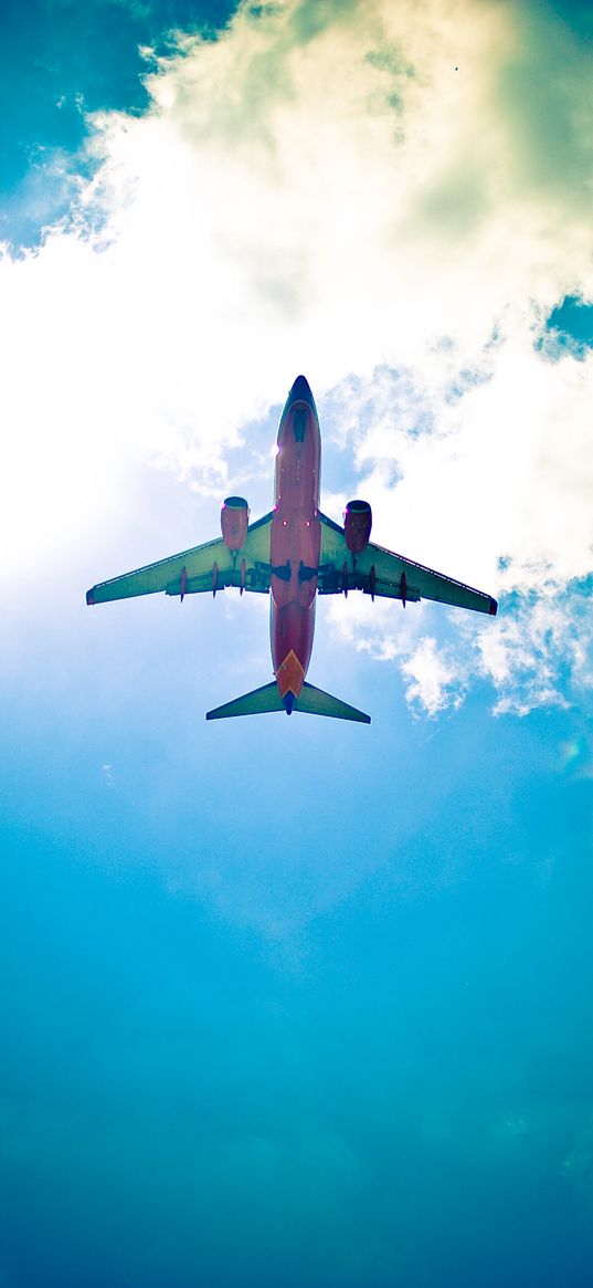 airplane, sky, flight, clouds, light