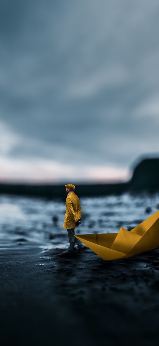 man, origami, boat, photoshop, water