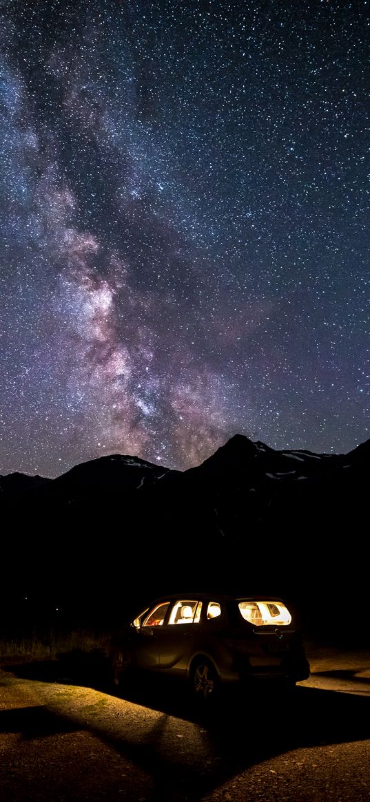 car, starry sky, milky way, night