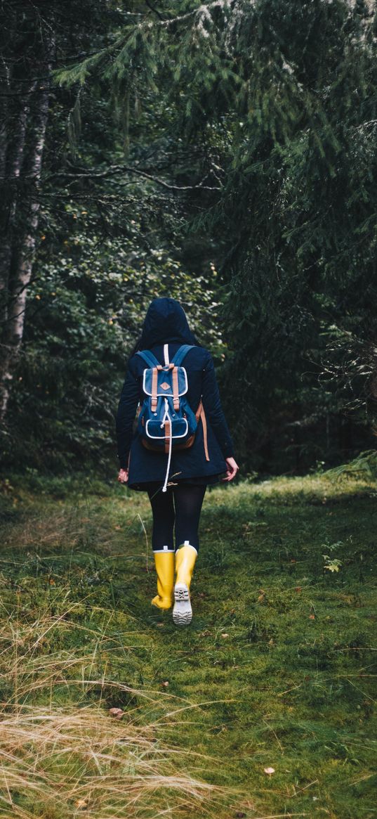 girl, backpack, forest, walk, fall