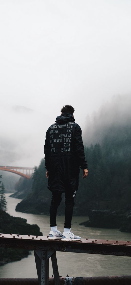 guy, bridge, fog, height, loneliness