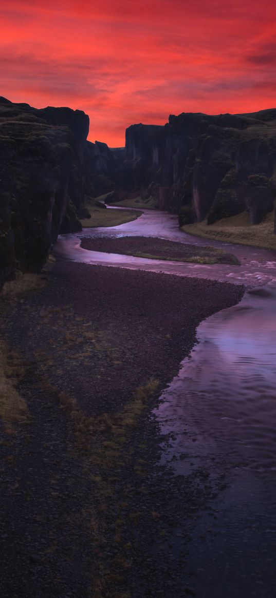 canyon, river, night, fjadrargljufur, iceland
