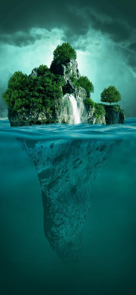 island, surrealism, under water, vegetation, ocean