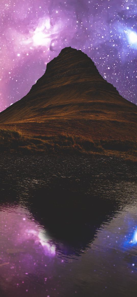 hill, river, reflection, starry sky, iceland