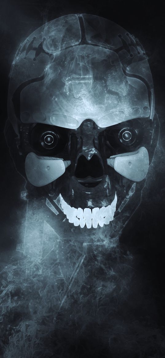 cyborg, robot, skull, teeth, smoke