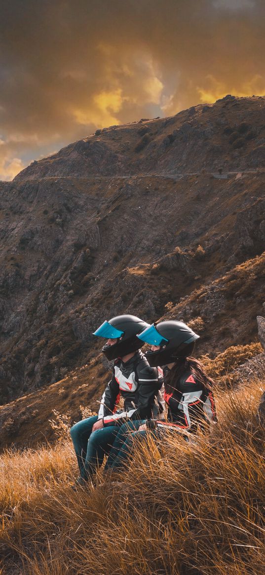 cyclists, couple, mountains, helmet, grass, trip