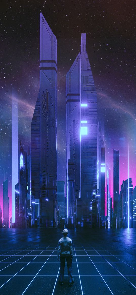 digital art, men, city, futuristic, night, neon, science fiction