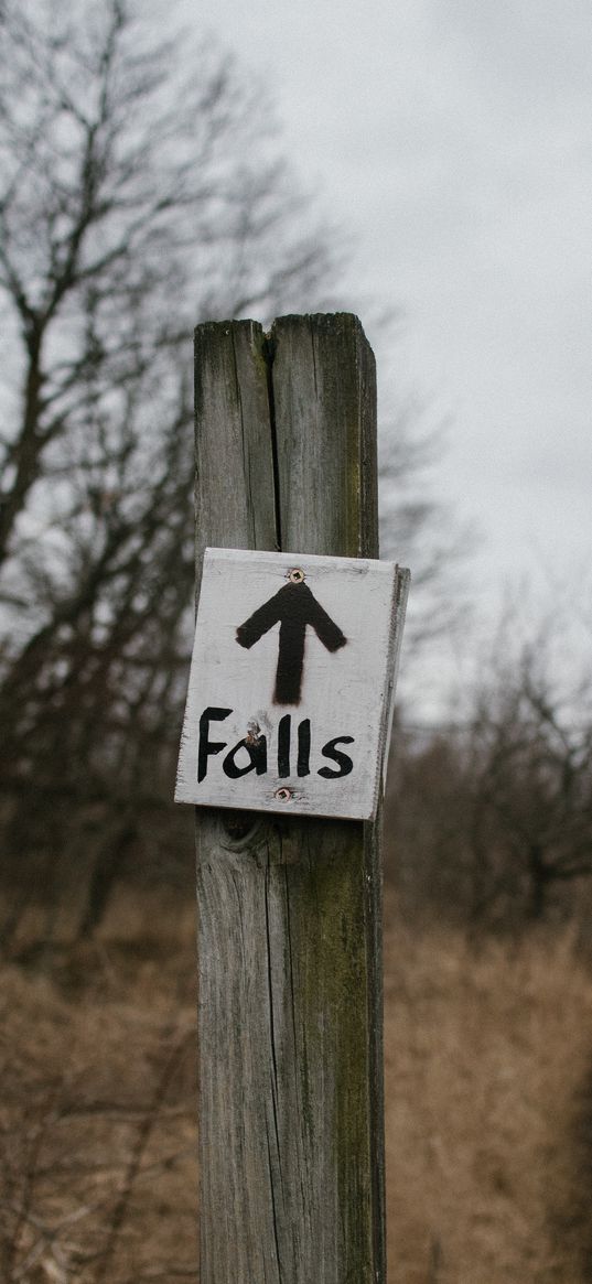 post, sign, arrow, pointer, forest, falls