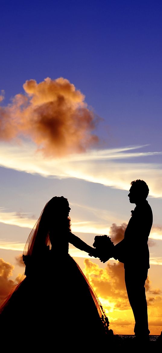 newlyweds, silhouettes, couple, love, sunset, clouds