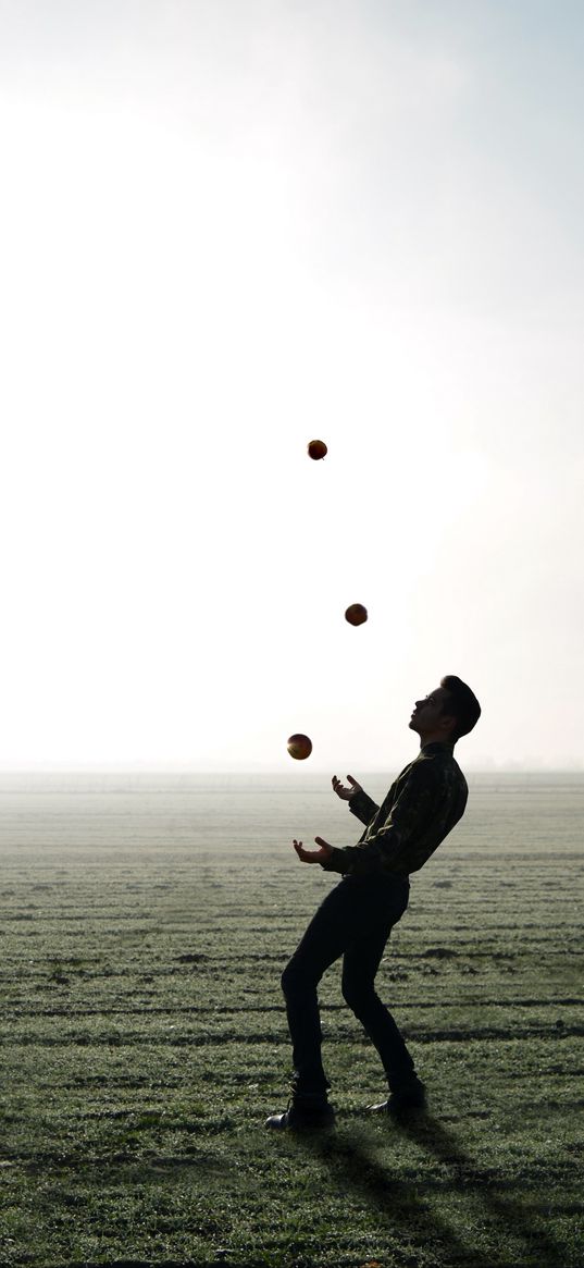 man, silhouette, juggling, field, fog