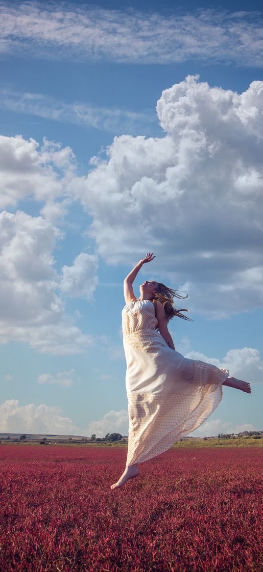 girl, jump, field, grass, lightness, happiness, sky