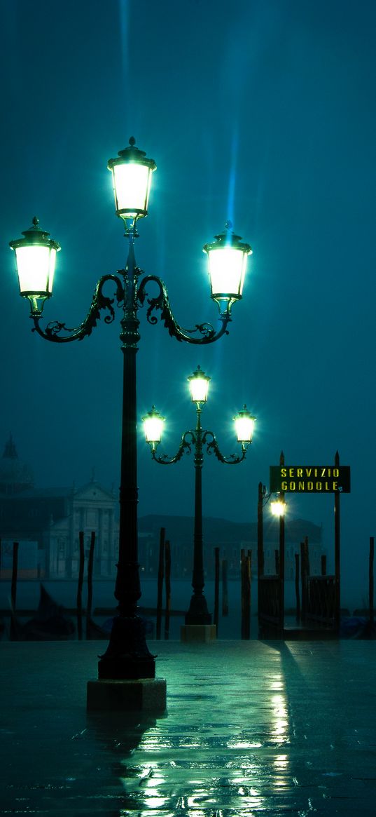 lanterns, pillars, evening, pier, italy, venice, san marco