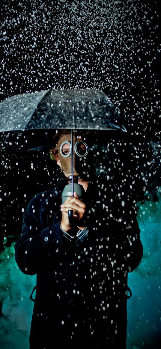 man, gas mask, umbrella, rain, mood