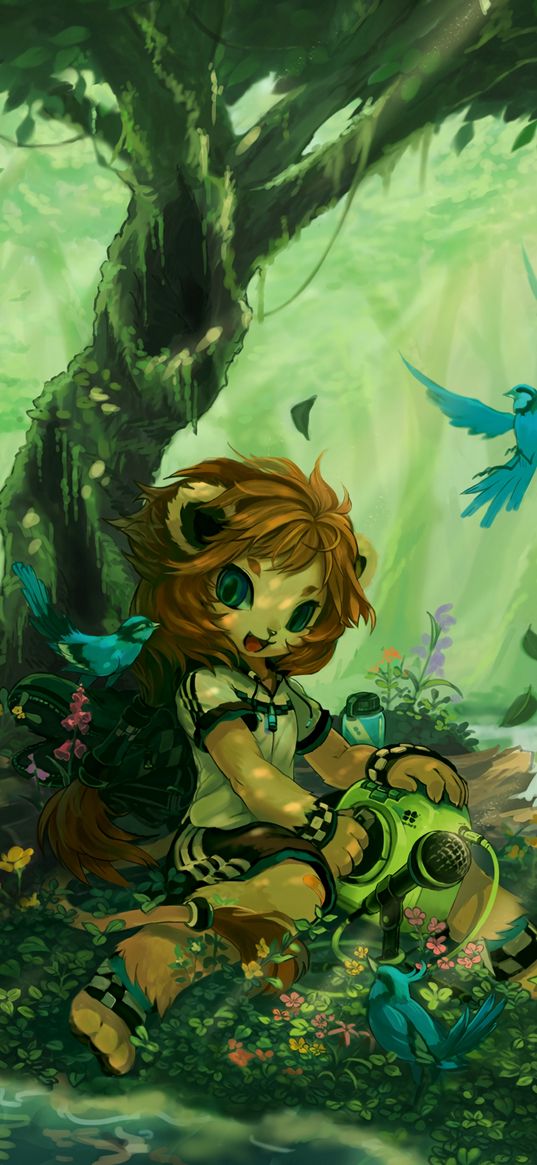 lion cub, art, girl, fantasy, forest, cute, beasts