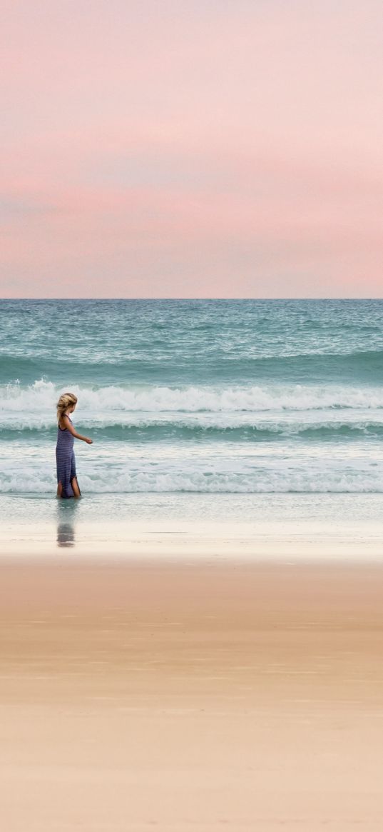 ocean, child, shore, surf, walk, horizon, pastel