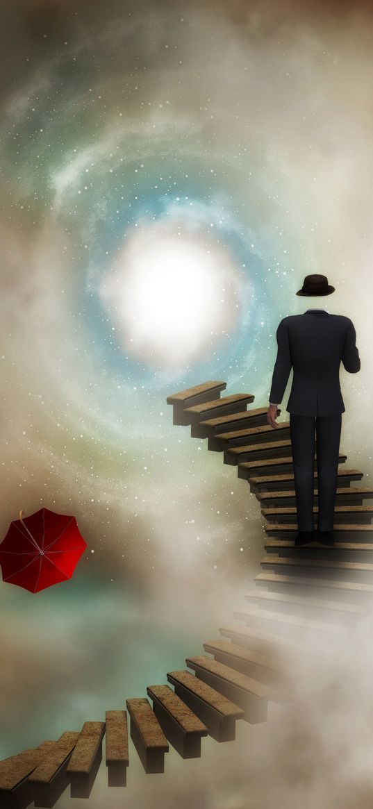 man, staircase, umbrella, heaven, surrealism, imagination