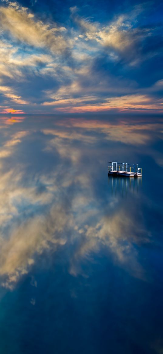 pontoon, float, sea, horizon, sunset