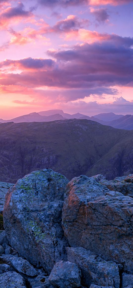 mountains, stones, sunset, sky, scotland