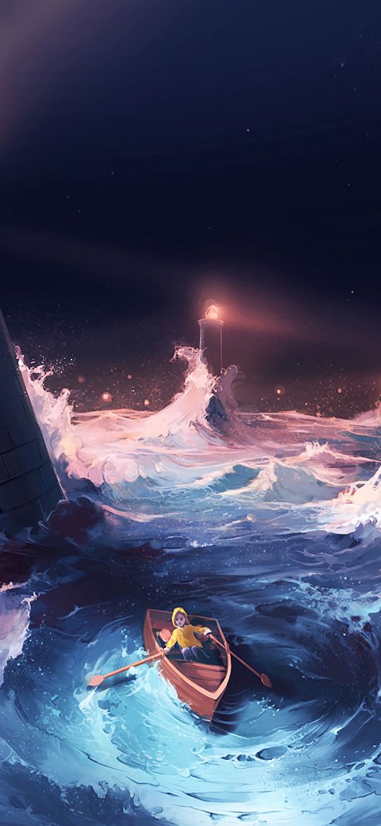 boat, storm, lighthouses, sea, art