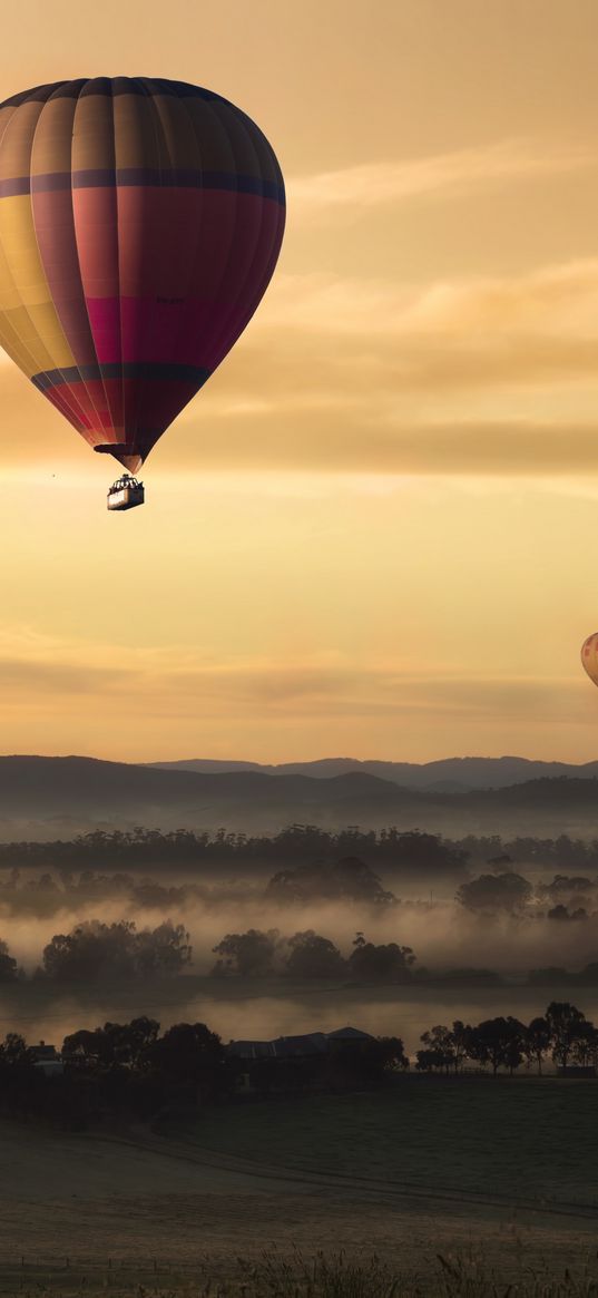 air balloons, field, fog, sky, sunset