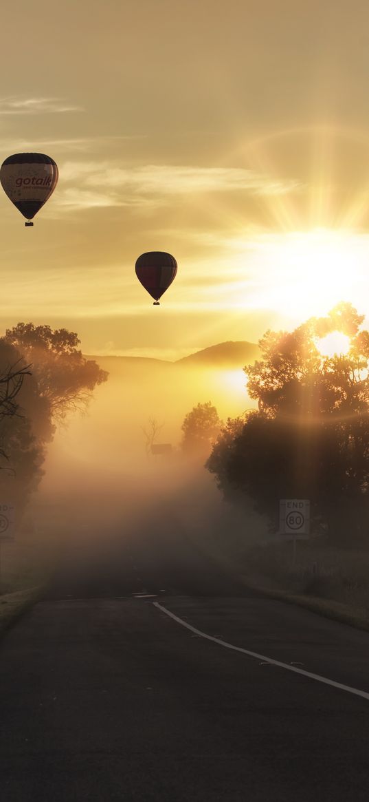 air balloons, road, fog, sunlight, sunset