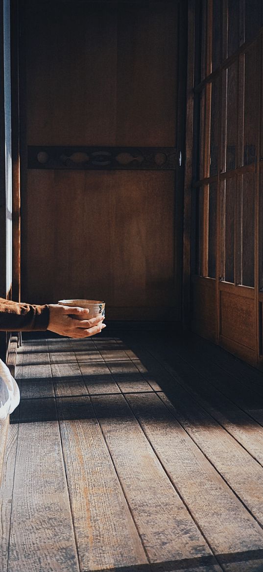 hands, cup, terrace, pacification, solitude, harmony