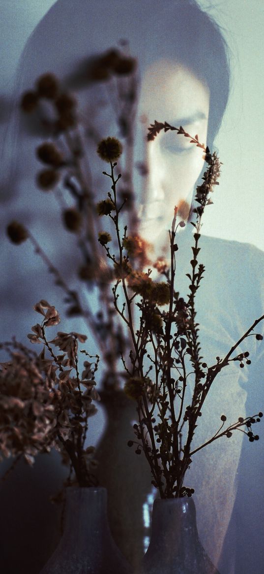 face, flowers, double exposure, girl, vase