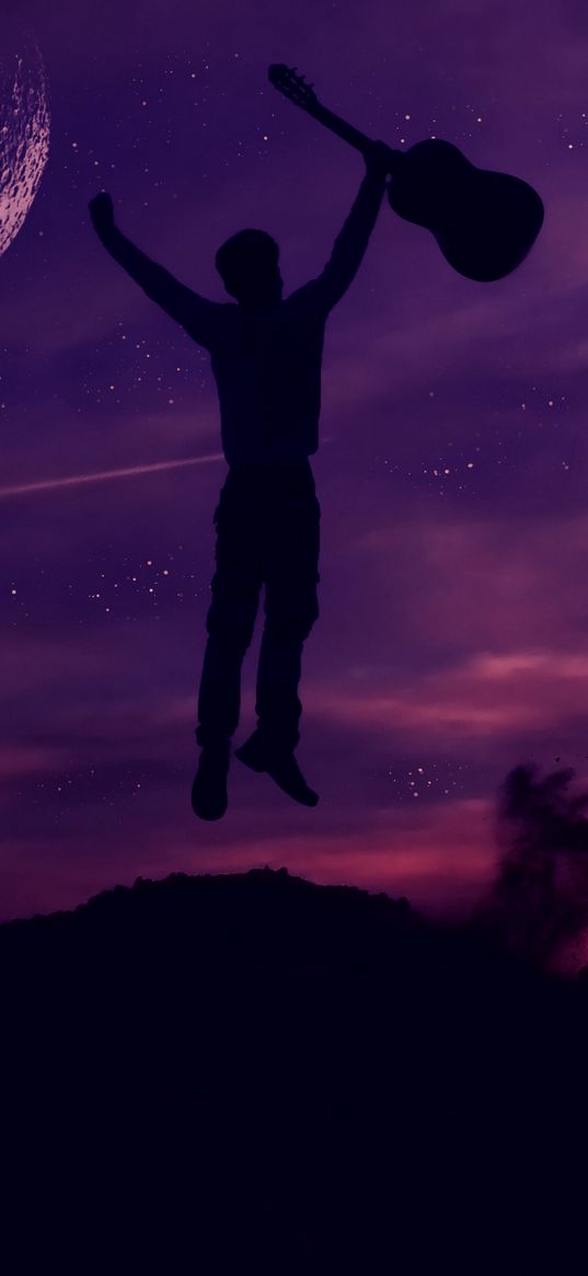 man, silhouette, guitar, stars, jump, moon, happiness, night