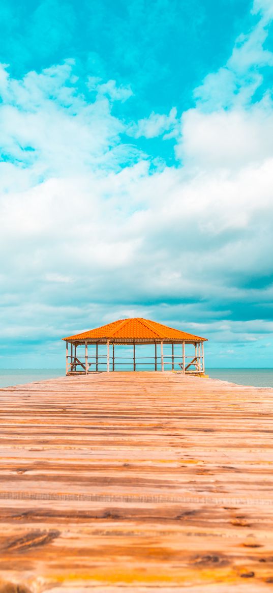 gazebo, pier, ocean, clouds, tropics, vacation