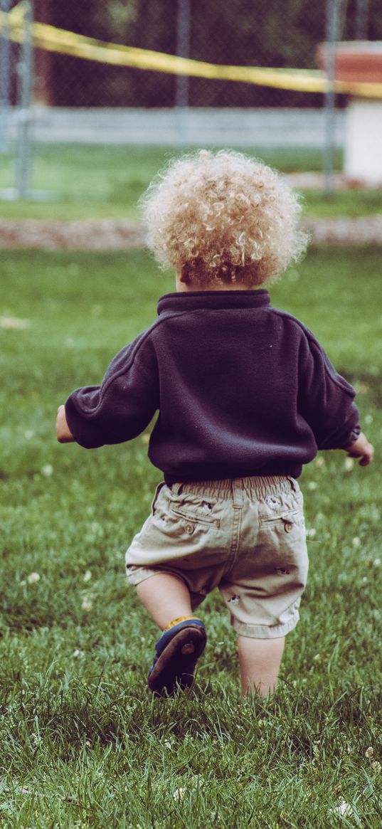 child, baby, curly, grass, walk, childhood