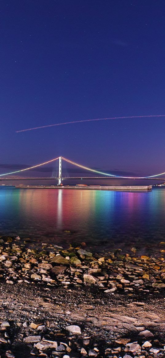 bridge, shore, strait, evening, akashi-kaikyo bridge, japan