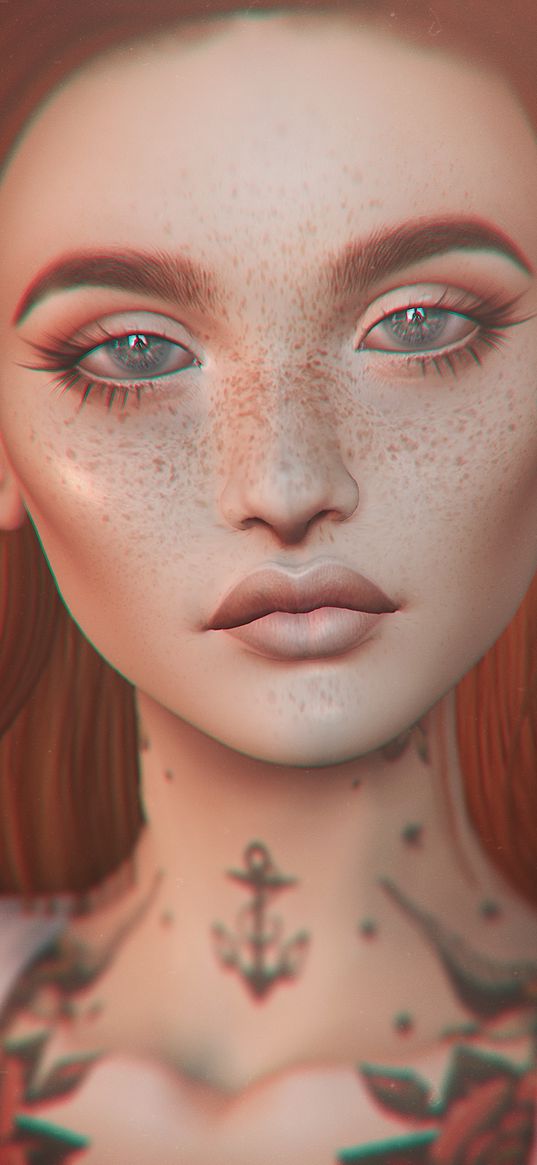 girl, tattoos, red-haired, freckles, face, art