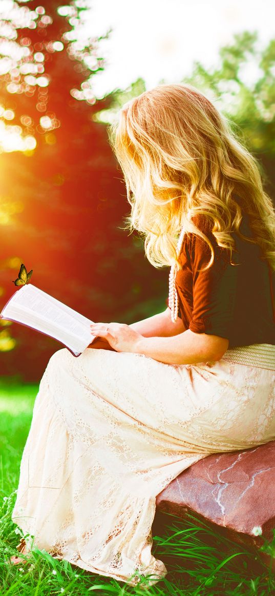 girl, reading, summer, solitude, rest, butterfly