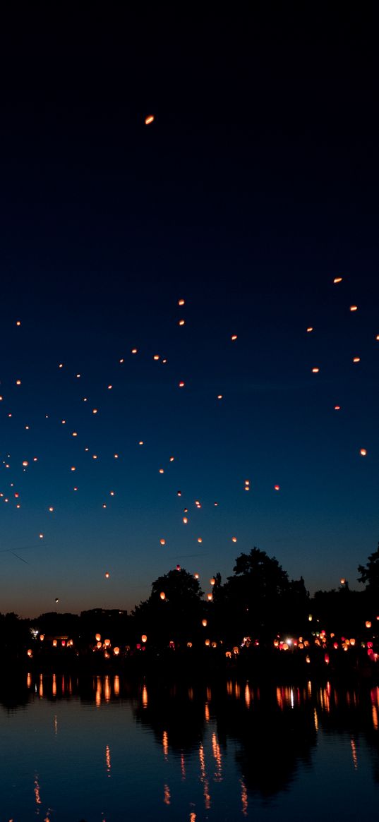 chinese lanterns, sky lanterns, night, river, holiday