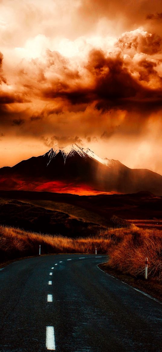 road, turn, mountains, clouds