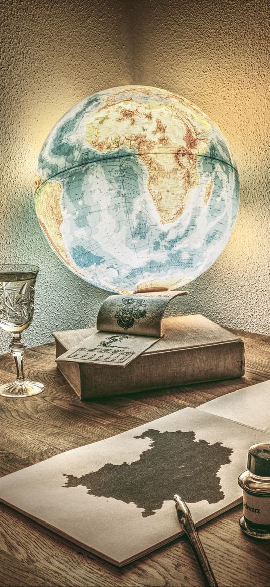 globe, lamp, drawing, table