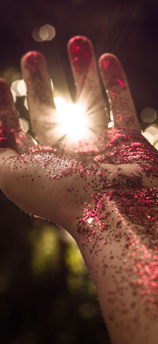 hand, sequins, glitter, light, palm, fingers