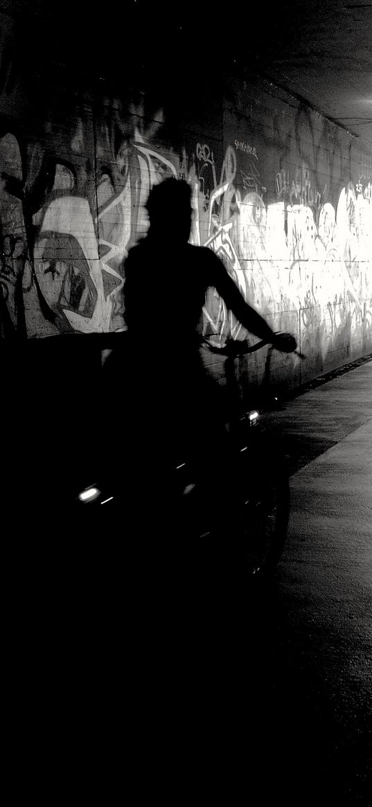 bicyclist, bw, silhouette, graffiti