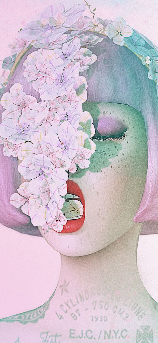 girl, flowers, face, surrealism, art