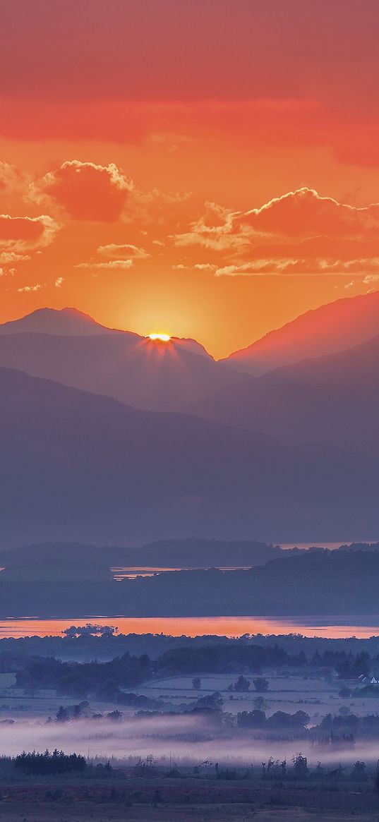 mountains, fog, sunset, loch lomond, scotland