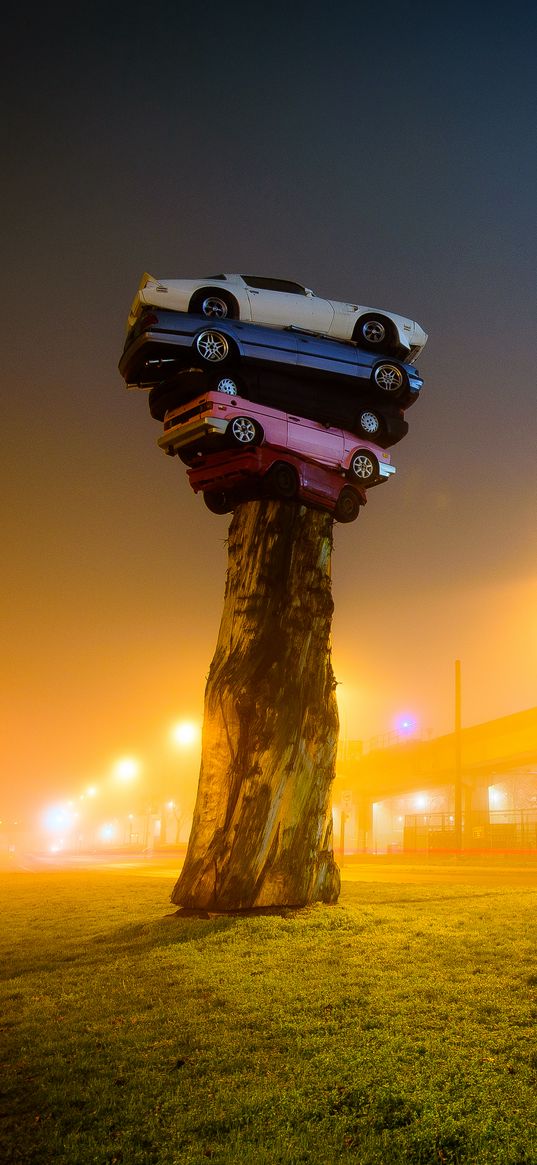 trans am totem, installation, cars, art object, tree, night city, fog, vancouver