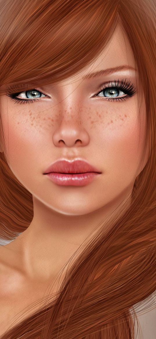 red-haired, freckles, girl, make-up, art