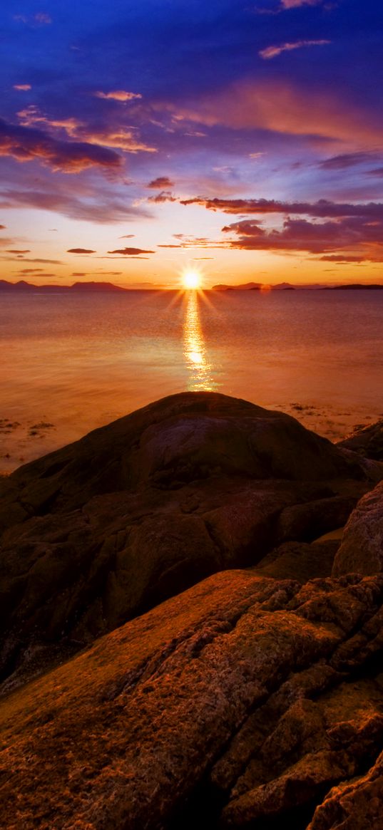 rocks, sunset, sea, horizon, norway